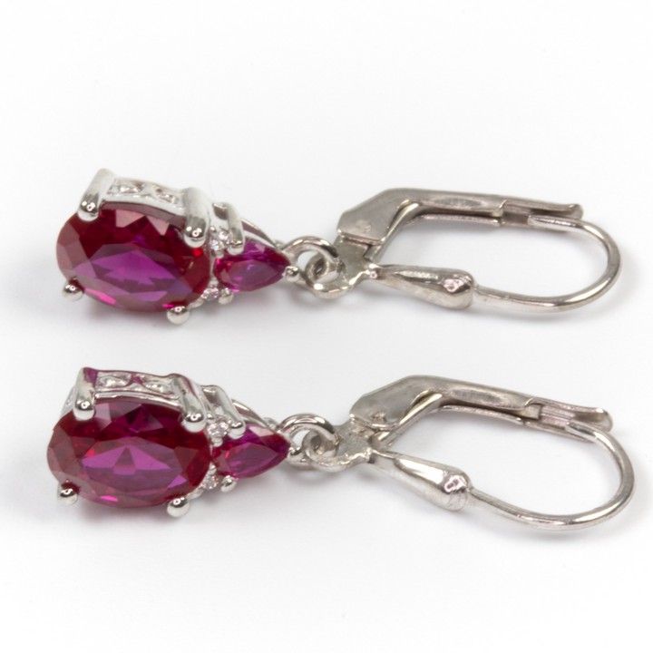Silver Ruby Oval and Pear Faceted Stones with Clear Stones Drop Filigree Earrings, 3cm, 3.1g