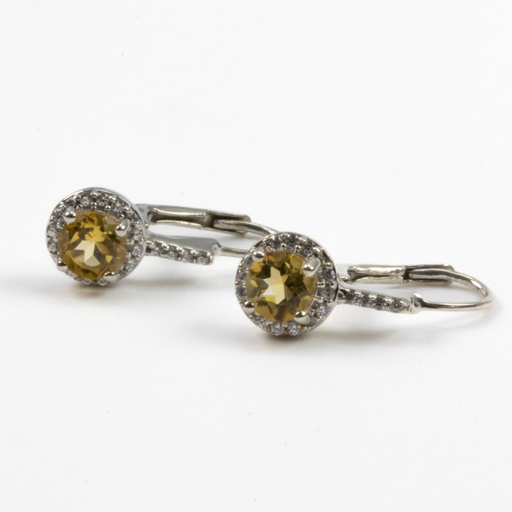 Silver Citrine Round Faceted Stone with Clear Stone Halo Drop Earrings, 2cm, 2.5g