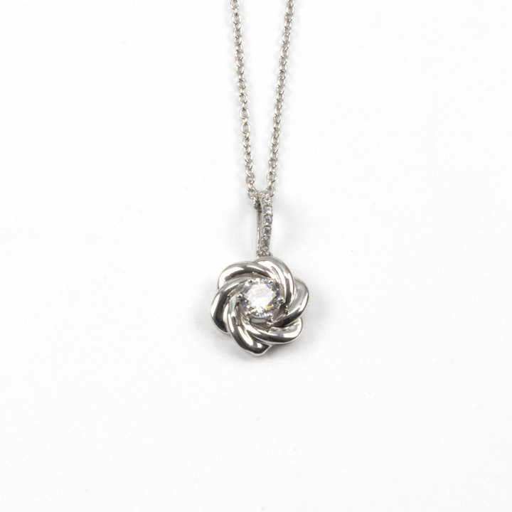 Silver Clear Round Faceted Stone with Pavé Bale Flower Pendant, 2.5cm and Chain, 45cm, 4.5g