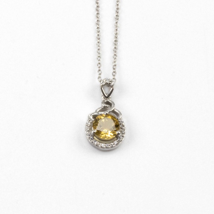 Silver Citrine Round Stone with Clear Stone Halo and Bale Pendant, 2cm and Chain, 45cm, 2.8g