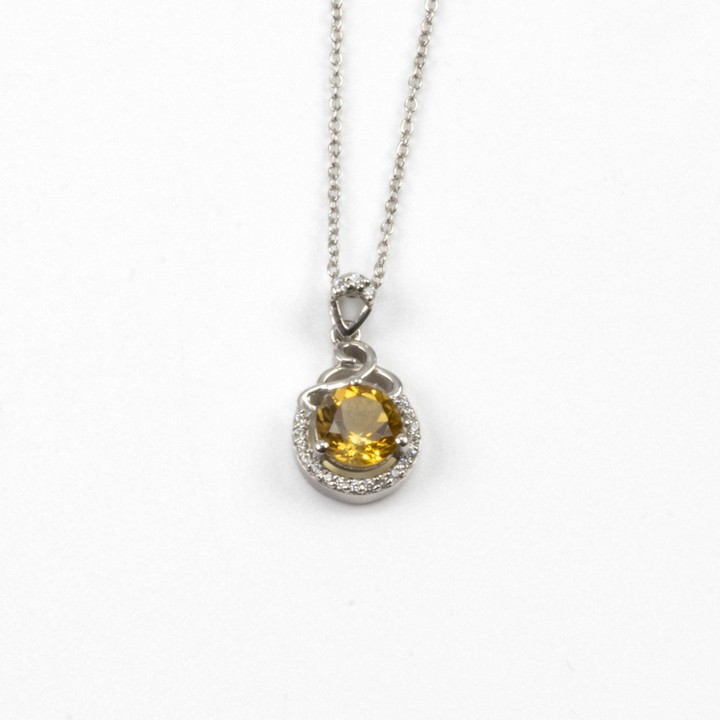Silver Citrine Round Faceted Stone with Clear Stone Halo and Bale Pendant, 2cm and Chain, 45cm, 2.8g