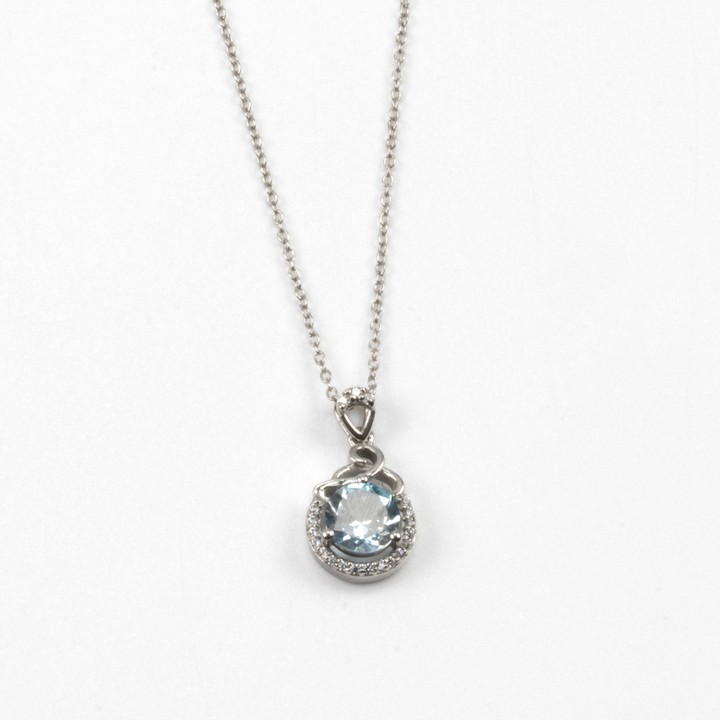 Silver Sky Blue Topaz Round Faceted Stone with Clear Stone Halo and Bale Pendant, 2cm and Chain, 45cm, 4g