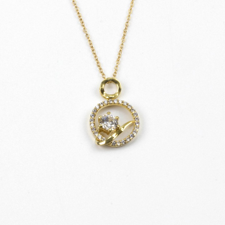 Silver Yellow Gold Plated Clear Round Faceted Stone with Clear Stone Halo Circle Pendant, 2.2cm and Chain, 45cm, 2.9g