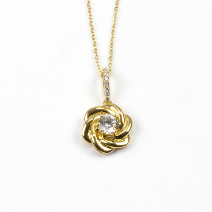 Silver Yellow Gold Plated Clear Round Faceted Stone with Pavé Bale Flower Pendant, 2.5cm and Chain, 45cm, 3.4g