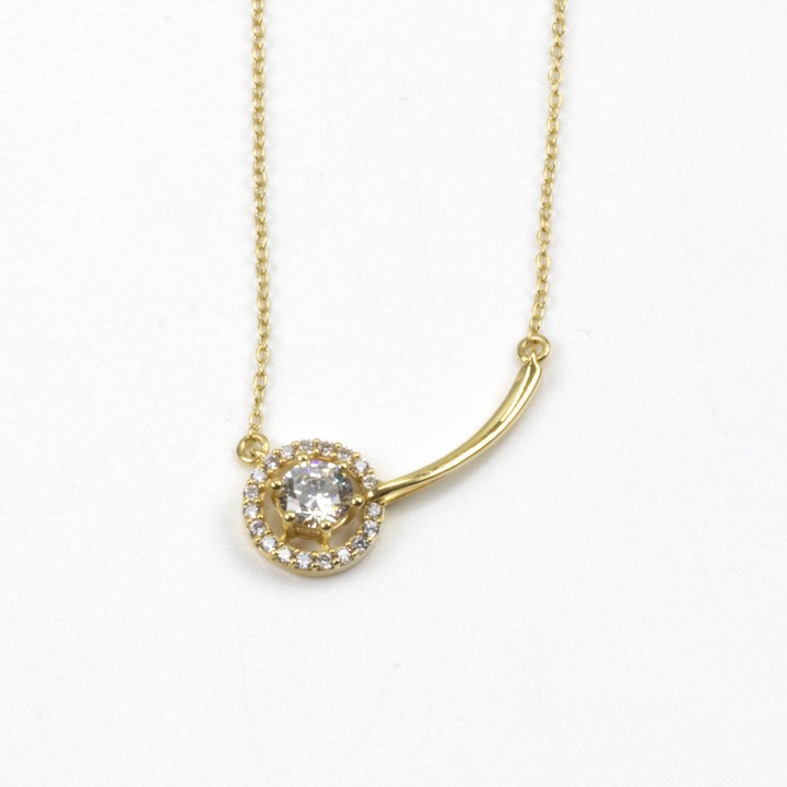Silver Yellow Gold Plated Clear Round Faceted Stone with Circle Halo Pendant, 2.7cm and Chain, 48cm, 2.5g