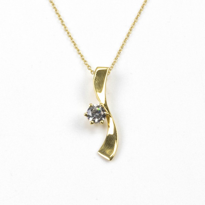 Silver Yellow Gold Plated Clear Round Faceted Stone Ribbon Pendant, 2.7cm and Chain, 45cm, 2.5g