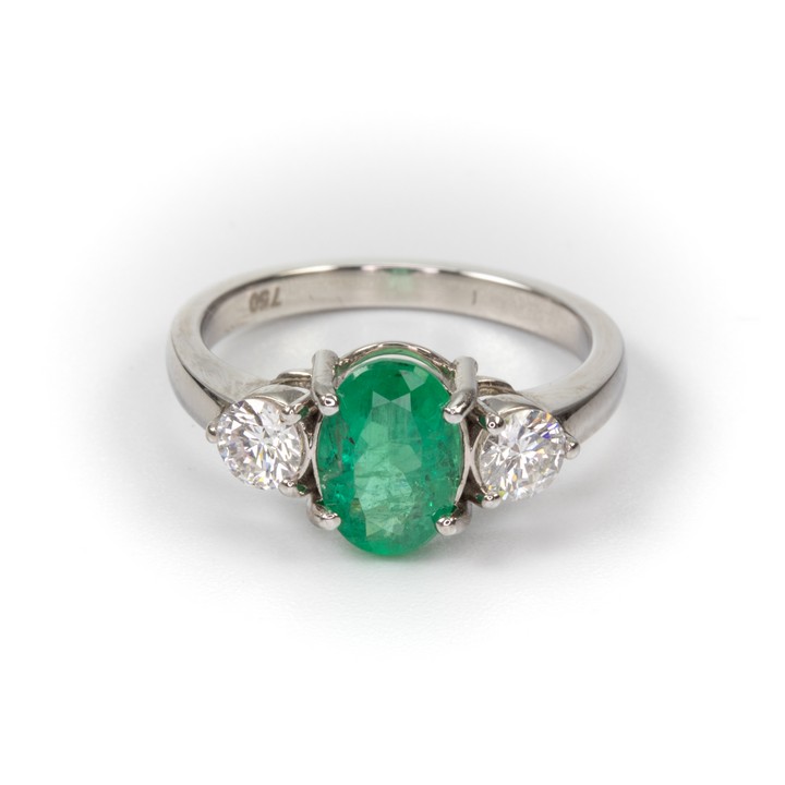 18K White 1.26ct Emerald and 0.43ct Diamond Ring, Size M, 3.9g. Colour F-G, Clarity VS-Si1.  Auction Guide: £2,000-£2,500 (VAT Only Payable on Buyers Premium)