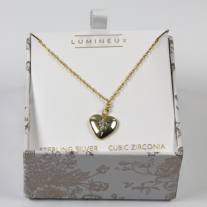 Lumineux Silver Gold Plated Heart with CZ Pendant and Chain, 45cm, 3.7g. Boxed (VAT Only Payable on Buyers Premium)