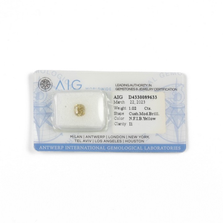 1.02ct Diamond Cushion Modified Brilliant-cut. Colour Natural Fancy Intense Brownish Yellow, Clarity I2. Report AIG D4330089633.  Auction Guide: £5,000-£6,000 (VAT Only Payable on Buyers Premium)