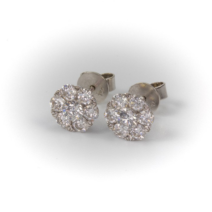 18K White 1.15ct Diamond Flower Cluster Stud Earrings, 0.9cm, 2.3g.  Auction Guide: £1,600-£2,100
