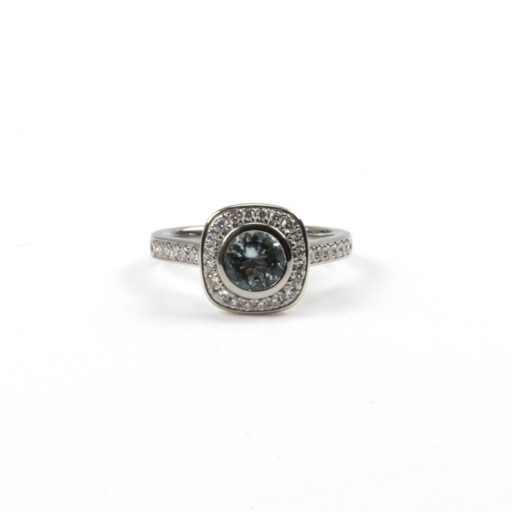 Platinum 950 0.76ct Aquamarine and 0.35ct Diamond Halo and Shoulders Ring, Size M, 7.2g.  Auction Guide: £900-£1,100