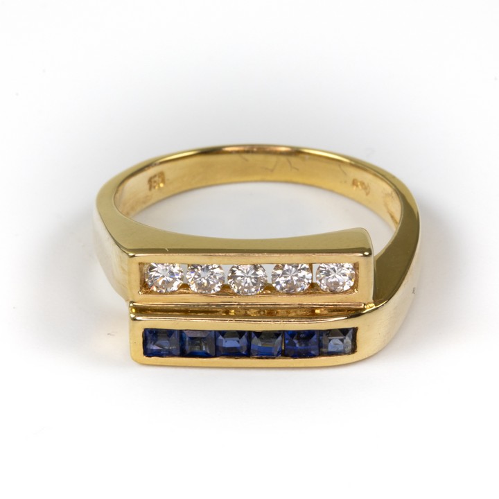 18K Yellow 0.25ct Diamond and 0.25ct Sapphire Two Line Ring, Size P, 6g. Colour G-H, Clarity VS.  Auction Guide: £700-£900 (VAT Only Payable on Buyers Premium)