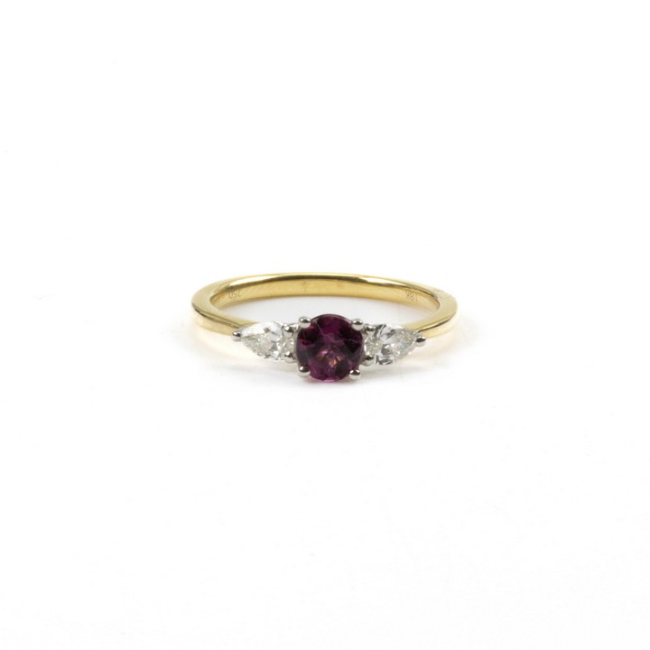 18ct Yellow Gold and Platinum 850 0.49ct Pink Tourmaline and 0.30ct Diamond Three Stone Ring, Size N, 2.8g.  Auction Guide: £700-£900
