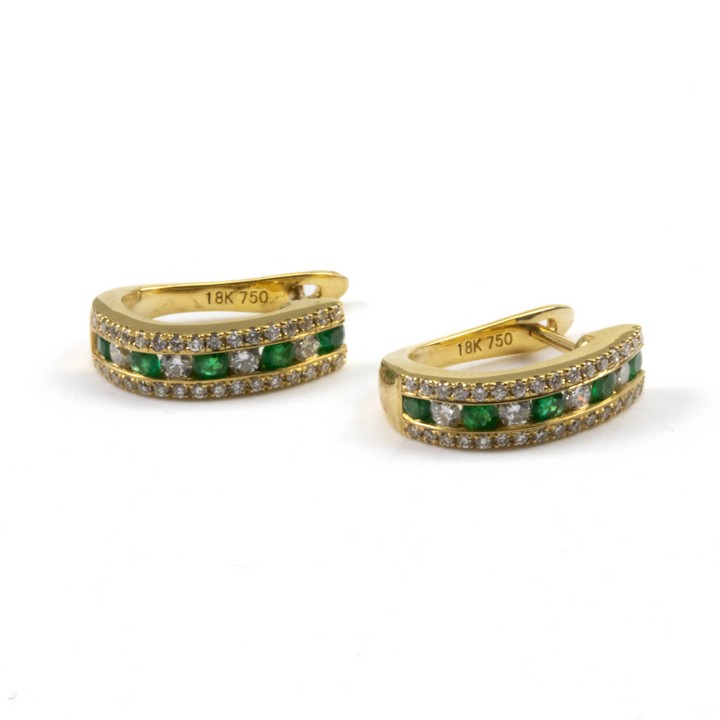 18ct Yellow Gold 0.38ct Diamond and 0.23ct Emerald Half Hoop Earrings, 1.3cm, 3.4g.  Auction Guide: £650-£850