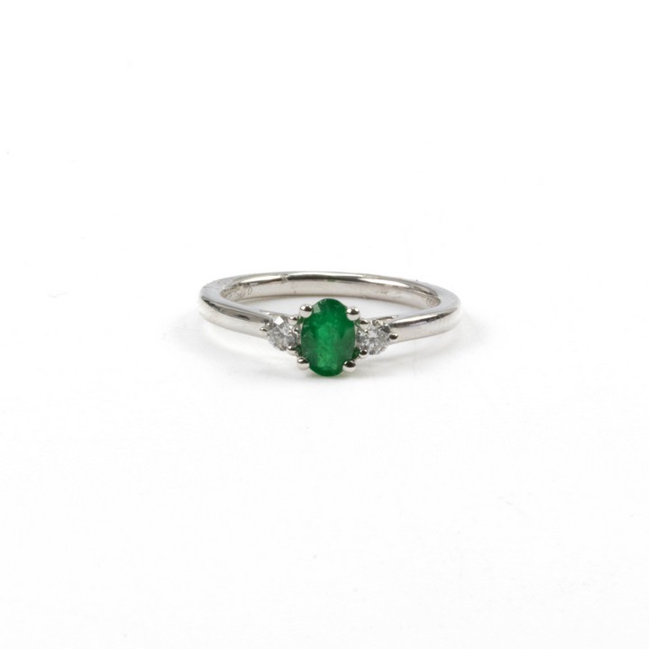 Platinum 950 0.41ct Emerald and 0.15ct Diamond Three Stone Ring, Size L½, 4.2g.  Auction Guide: £600-£800