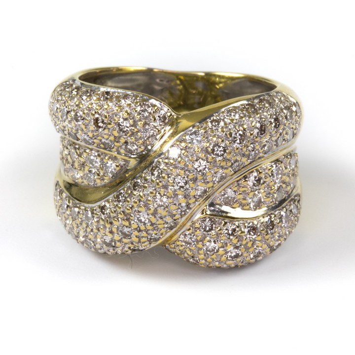 18K Yellow 0.45ct Diamond Pavé Three Row Crossover Band Ring, Size N, 13.9g.  Auction Guide: £450-£550 (VAT Only Payable on Buyers Premium)