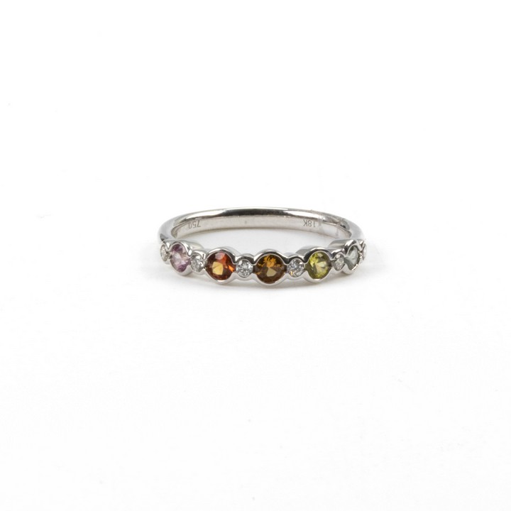 18ct White Gold 0.11ct Diamond and Coloured Stones Band Ring, Size M, 2.6g.  Auction Guide: £450-£550
