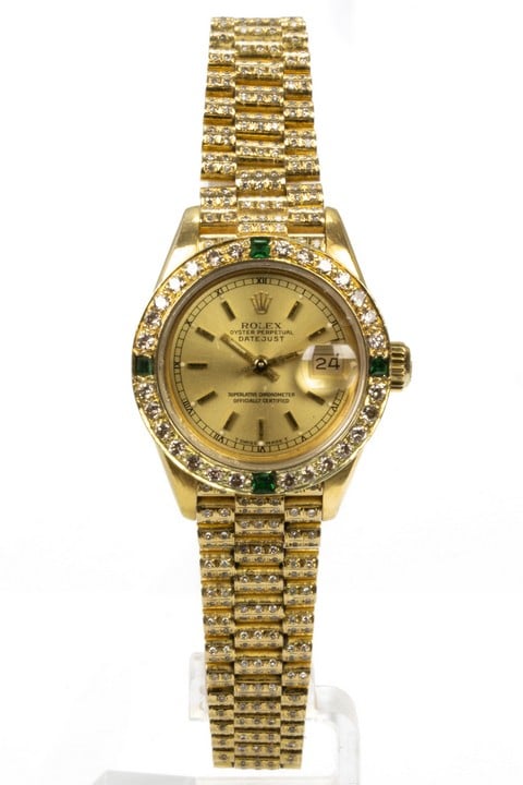Rolex Lady-Datejust Ref: 69278 Automatic Watch. 26mm Yellow Gold Case with Customised Diamond Bezel. Yellow Gold Dial and 18ct Yellow Gold Customised President Bracelet. Age: 19