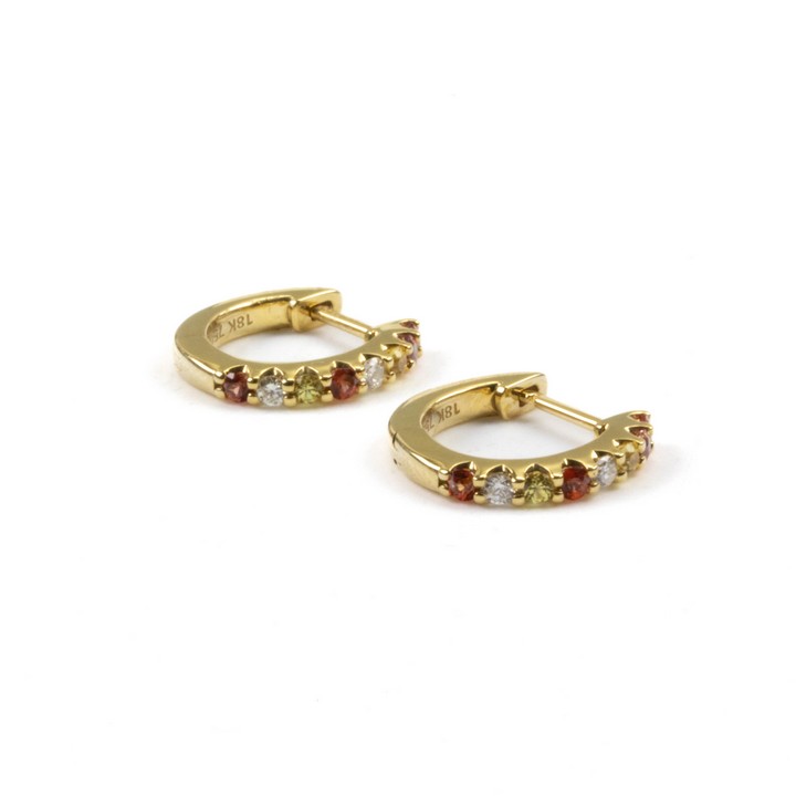 18K Yellow 0.09ct Diamond and Coloured Stone Hoop Earrings, 1.4cm, 3.2g.  Auction Guide: £350-£450