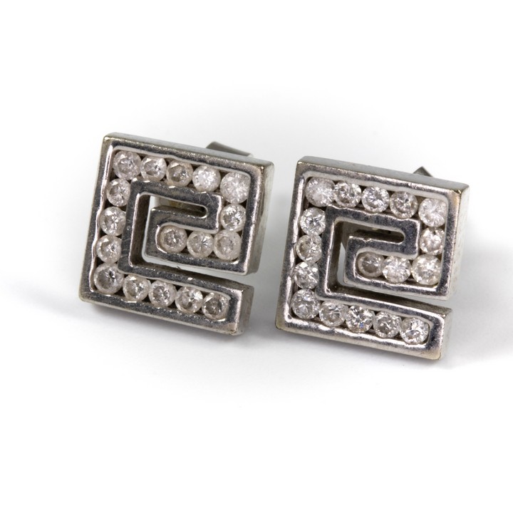 9K White 0.18ct Diamond Greek Key Square Stud Earrings, 0.9cm, 3.3g (VAT Only Payable on Buyers Premium)