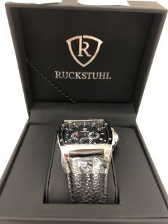 RUCKSTUHL WATCH WITH BLACK FACE, SILVER DIAL & BLACK LEATHER STRAP