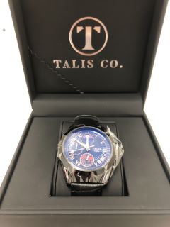 TALIS CO WATCH WITH BLUE FACE, ROSE GOLD DIAL AND BLACK LEATHER STRAP
