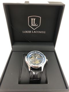 LOUIS LACOMBE WATCH WITH BLUE FACE, SILVER DIAL AND BLACK LEATHER STRAP