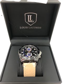 LOUIS LACOMBE WATCH WITH BLACK FACE, ROSE GOLD DIAL AND BROWN SUEDE STRAP