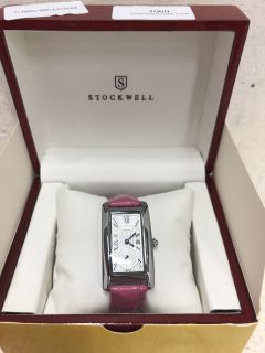 STOCKWELL WATCH WITH WHITE FACE, BLUE DIAL AND PINK LEATHER STRAP