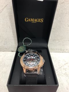 GAMAGES WATCH WITH BLACK FACE, BRONZE DIAL AND BLACK MESH STRAP