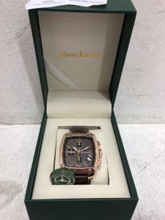 MANN EGERTON WATCH WITH BROWN FACE, BRONZE DIAL AND BROWN LEATHER STRAP