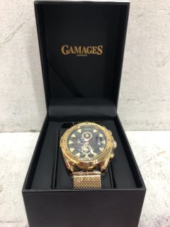 GAMAGES WATCH WITH BLACK FACE, GOLD DIAL AND GOLD MESH STRAP