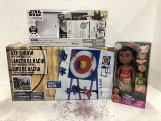 3 X ITEMS TO INCLUDE  AXE THROWING WITH THROWING STARS & STAR WARS THE MANDALORIAN GROGU - RRP £100