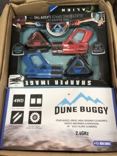 QUANTITY OF ITEMS TO INCLUDE DUNE BUGGY R/C TOY & SHARPER IMAGE 2 PLAYER SET ELECTRONIC LASER TAG - APPROX RRP £300