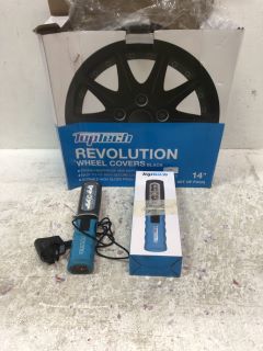 2 X ITEMS TO INCLUDE RECHARGEABLE WORK LIGHT & REVOLUTION WHEEL COVERS - RRP £70