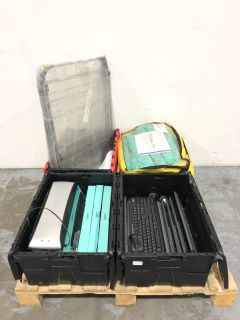 PALLET OF ASSORTED ITEMS TO INCLUDE A QUANTITY OF LOGITECH WIRELESS KEYBOARDS AND MOUSES, FISHERBRAND CHEMICAL SPILL KIT AND FELLOWS SPECTRA A3 - APPROX RRP £300