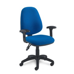 2X OFFICE CHAIRS TO INCLUDE BLUE FABRIC WITH ADJUSTABLE ARMS, HEIGHT AND BACK AND NAUTILUS JAVA 200 BLACK VINYL DRAUGHTSMAN CHAIR RRP £920