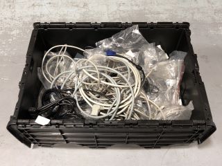 BOX OF ASSORTED CABLES TO INCLUDE EHTERNET CABLES AND LAPTOP CHARGERS