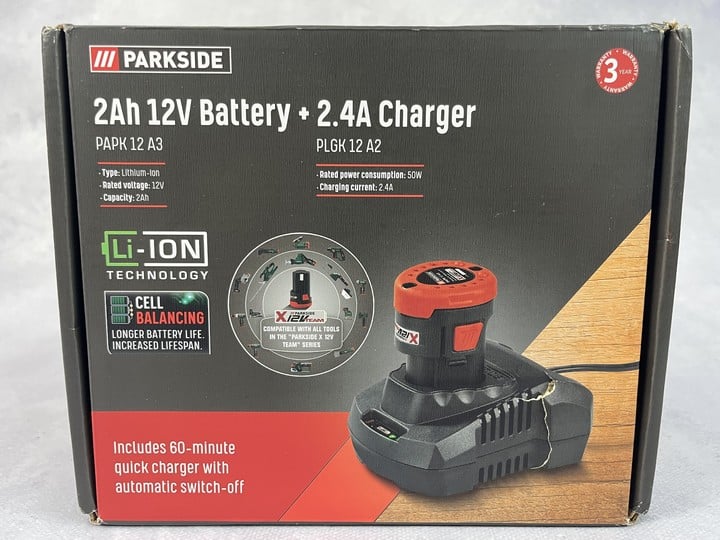 Parkside 2Ah 12V Battery + 2.4A Charger (VAT ONLY PAYABLE ON BUYERS PREMIUM)(MPSD45716357)