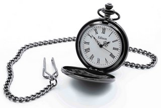 MEN'S EDISON BLACK QUARTZ POCKET WATCH. COMES WITH A CHAIN AND GIFT BOX: LOCATION - C13