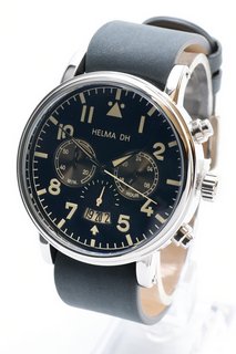 MEN’S HELMA DH CHRONOGRAPH MASTER PILOT WATCH. MODEL DH007. FEATURING A BLUE DIAL, SILVER COLOURED BEZEL AND CASE. MULTI-FUNCTION MOVEMENT WITH DATE. BLUE LEATHER STRAP. COMES WITH A PRESENTATION CAS