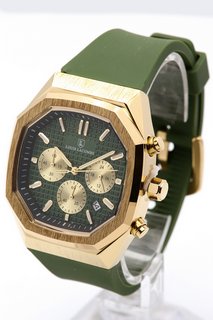 MEN'S LOUIS LACOMBE CHRONOGRAPH WATCH. FEATURING A GREEN DIAL WITH SUB DIALS, DATE, YELLOW GOLD COLOURED BEZEL AND CASE, W/R 3ATM. GREEN LEATHER STRAP. COMES WITH A GIFT BOX: LOCATION - C13