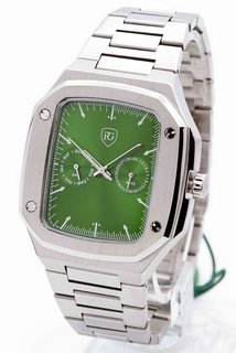 MEN'S RAYMOND GAUDIN CHRONOGRAPH WATCH. FEATURING A GREEN DIAL WITH SUB DIALS. SILVER COLOURED STAINLESS BEZEL AND CASE. W/R 5ATM. STAINLESS STEEL BRACELET. COMES WITH A WOODEN PRESENTATION CASE: LOC