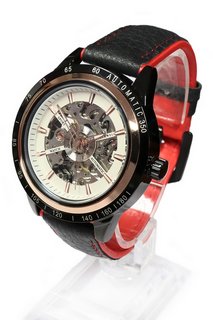 MEN’S STOCKWELL AUTOMATIC SPORTS WATCH. FEATURING A SKELETON DIAL, BLACK BEZEL AND CASE. BLACK LEATHER STRAP WITH RED DETAILING: LOCATION - C13