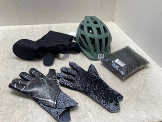 QTY OF ASSORTED SPORTING ITEMS & CLOTHES TO INCLUDE UVEX HELMET IN GREEN - UK SIZE MEDIUM: LOCATION - A15