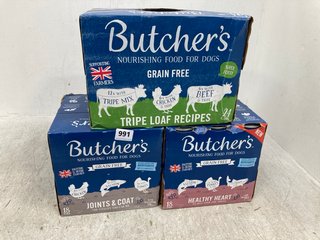 3 X ASSORTED BOXES OF BUTCHERS PET FOOD TO INCLUDE BUTCHERS GRAIN FREE JOINTS & COAT CANNED WET FOOD - BBE: 05.26: LOCATION - C2
