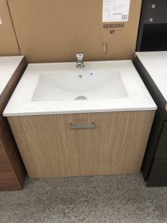 (COLLECTION ONLY) DURAVIT WALL HUNG 1 DRAWER SINK UNIT IN OAK EFFECT WITH A 610 X 470MM 1TH CERAMIC BASIN COMPLETE WITH A MONO BASIN MIXER TAP & CHROME SPRUNG WASTE - RRP £868: LOCATION - C2