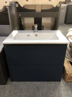 (COLLECTION ONLY) WALL HUNG 2 DRAWER SINK UNIT IN BLUE WITH A 610 X 400MM 1TH CERAMIC BASIN COMPLETE WITH A MONO BASIN MIXER TAP & CHROME SPRUNG WASTE - RRP £725: LOCATION - D6