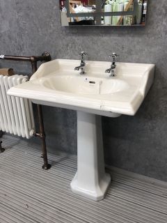 (COLLECTION ONLY) HERITAGE 650MM WIDE TRADITIONAL 2TH CERAMIC BASIN WITH FULL PEDESTAL & PAIR OF TRADITIONAL CROSSHEAD PILLAR TAPS IN CHROME WITH PLUG & CHAIN WASTE - RRP £580: LOCATION - PHOTO BOOTH