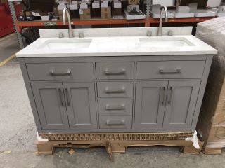 (COLLECTION ONLY) OVE DECORS FLOOR STANDING 4 DOOR 5 DRAWER TWIN SINK UNIT IN AMERICAN GREY WITH A WHITE MARBLE EFFECT TWIN COUNTERTOP WITH BACKSPLASH PRE-DRILLED FOR 3TH BASIN MIXERS, TOP COMES COMP